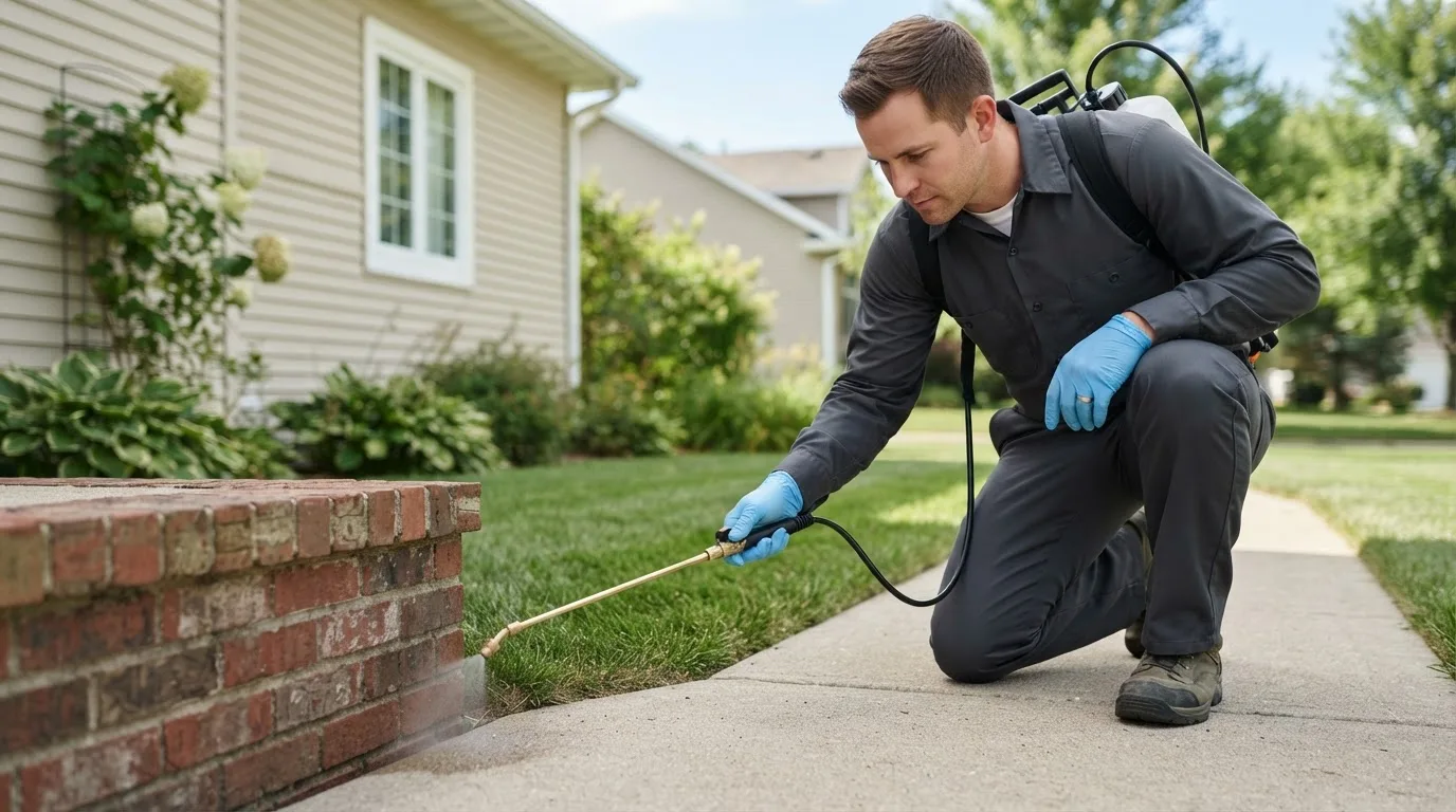 Pest control technician treating a home near West Millgrove, OH